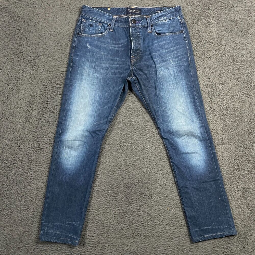 Scotch & Soda Jeans Mens 34x32 Blue Ralston Slim Fit Dark Wash Button Fly